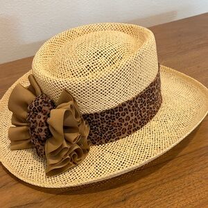 Vintage 80’s Head Threads Leopard Accent Tan Straw Hat